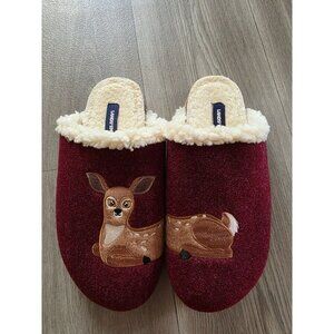 Womens Lands End Burgundy Felt Scuff Slippers With Deer Embroidery sz 9.5 10